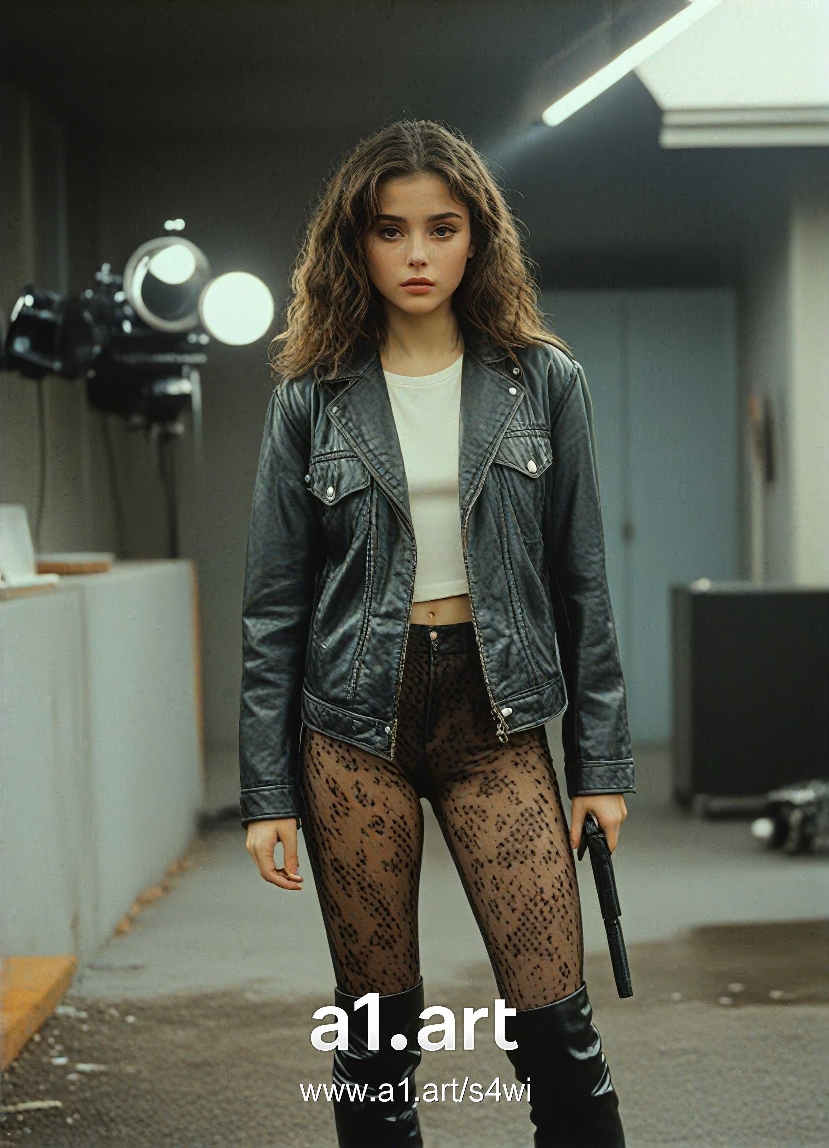 Fashionable Female In Leather Jacket And Tight Pants A Art