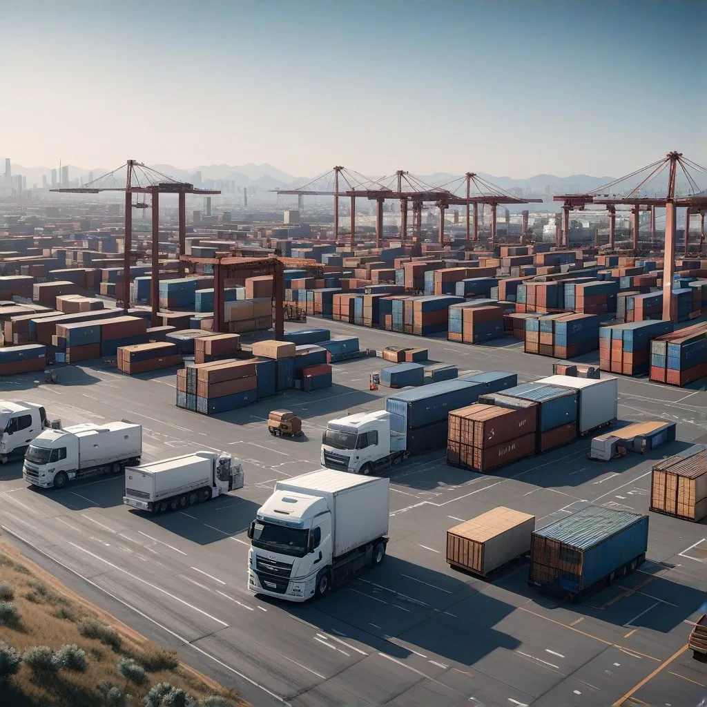 An image depicting a fleet of modern delivery trucks in motion, representing the efficiency and reliability of Parcel Pathways' shipping services. The scene should convey a sense of movement and purpose, capturing the essence of dependable logistics.