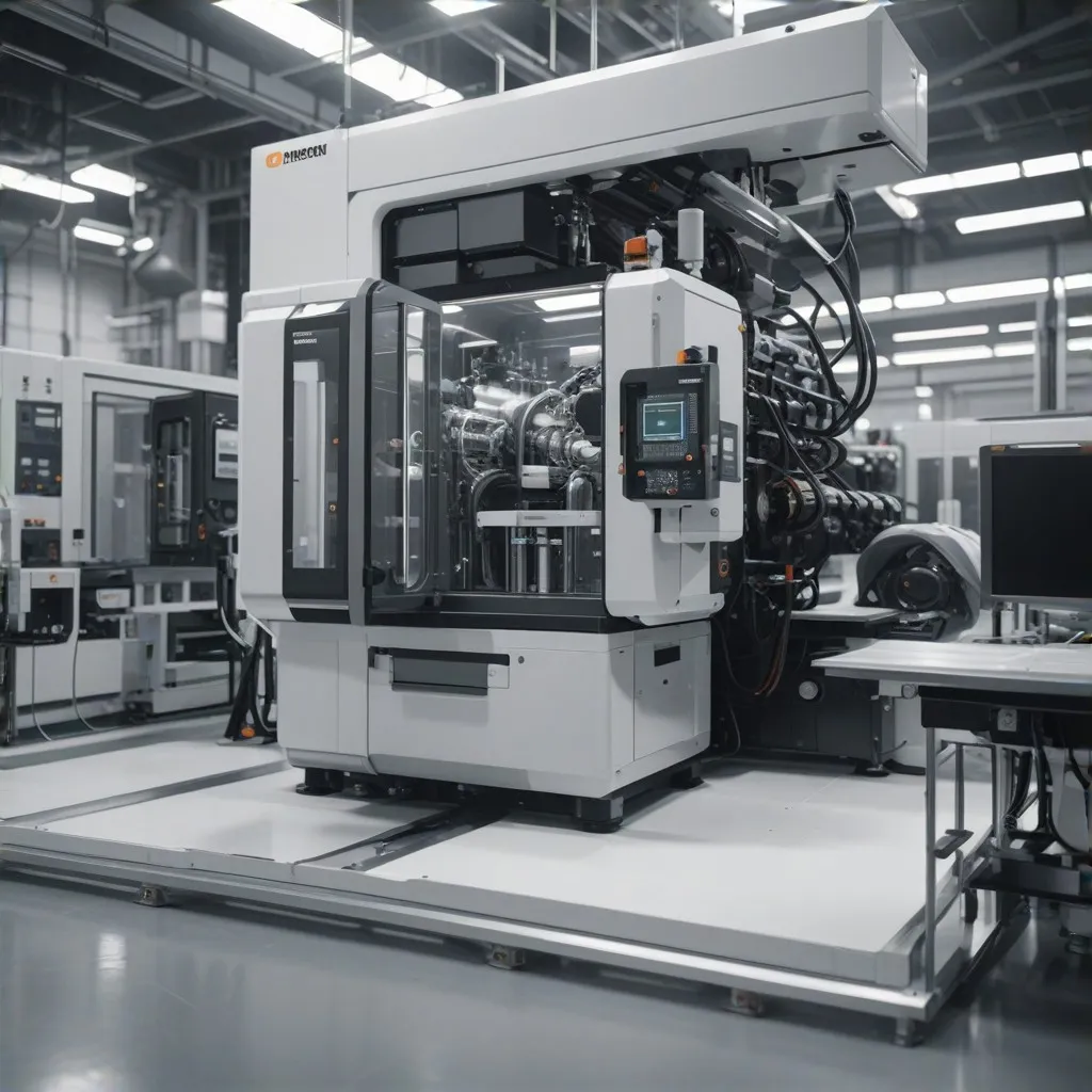 An image of a modern injection molding machine in operation, with visible plastic components being molded in real-time, emphasizing precision and efficiency.