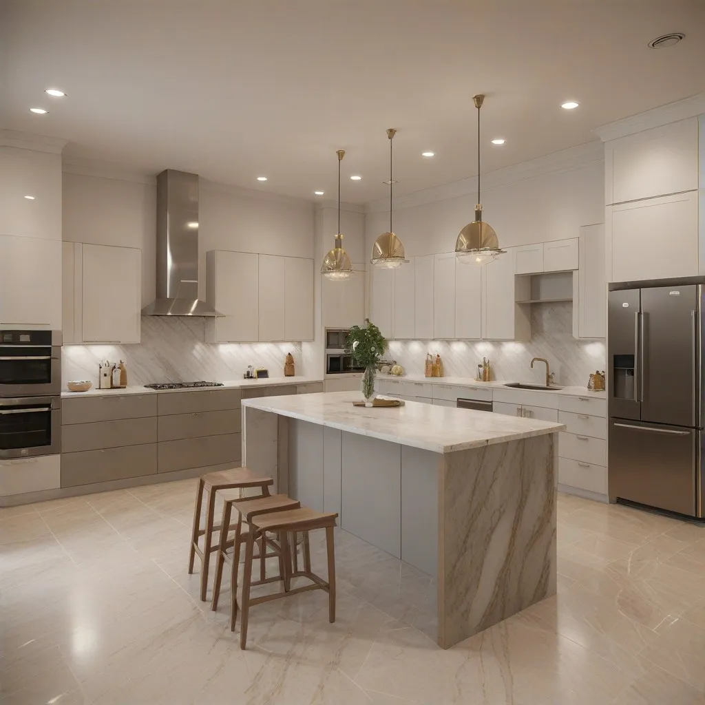 A luxurious modern home interior with eco-friendly cleaning products placed elegantly on a marble countertop, showcasing the essence of ECOSHINE PRO's services