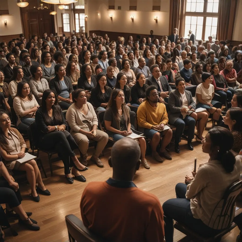 A compelling image of a community leader addressing a group, possibly in a town hall or meeting environment. This should convey leadership, guidance, and the sharing of inspirational ideas, with attention to a diverse audience attentively listening.