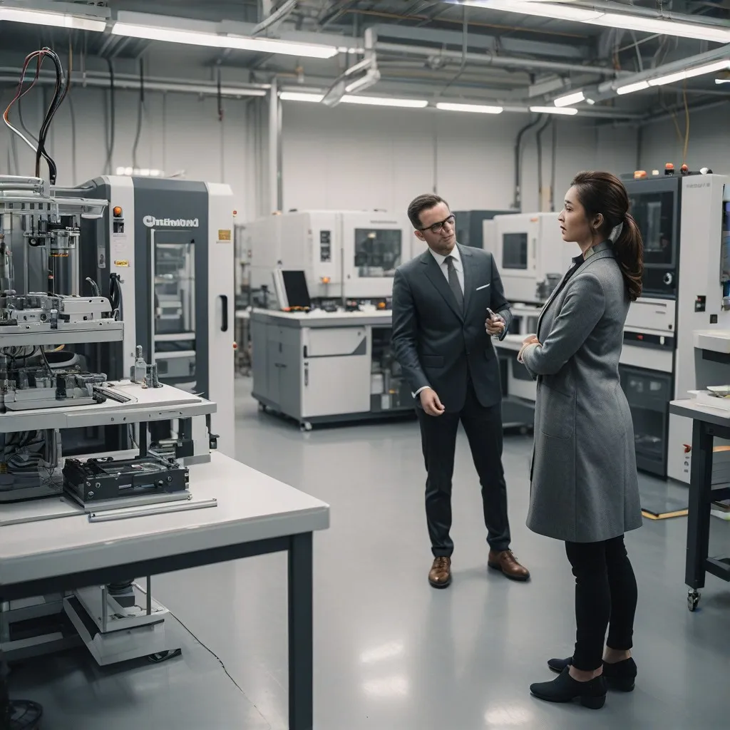 An image showcasing a modern manufacturing environment focused on plastic injection molding. The scene highlights a high-tech production floor with advanced machinery in operation, emphasizing precision and efficiency. In the foreground, include a satisfied client interacting with a technician or engineer, reviewing a finished plastic component or a mold to symbolize collaboration and success. The background can subtly display organized workstations and shelves with tools or materials, reinforcing professionalism and attention to detail. This image should convey trust, expertise, and the positive outcomes experienced by clients.