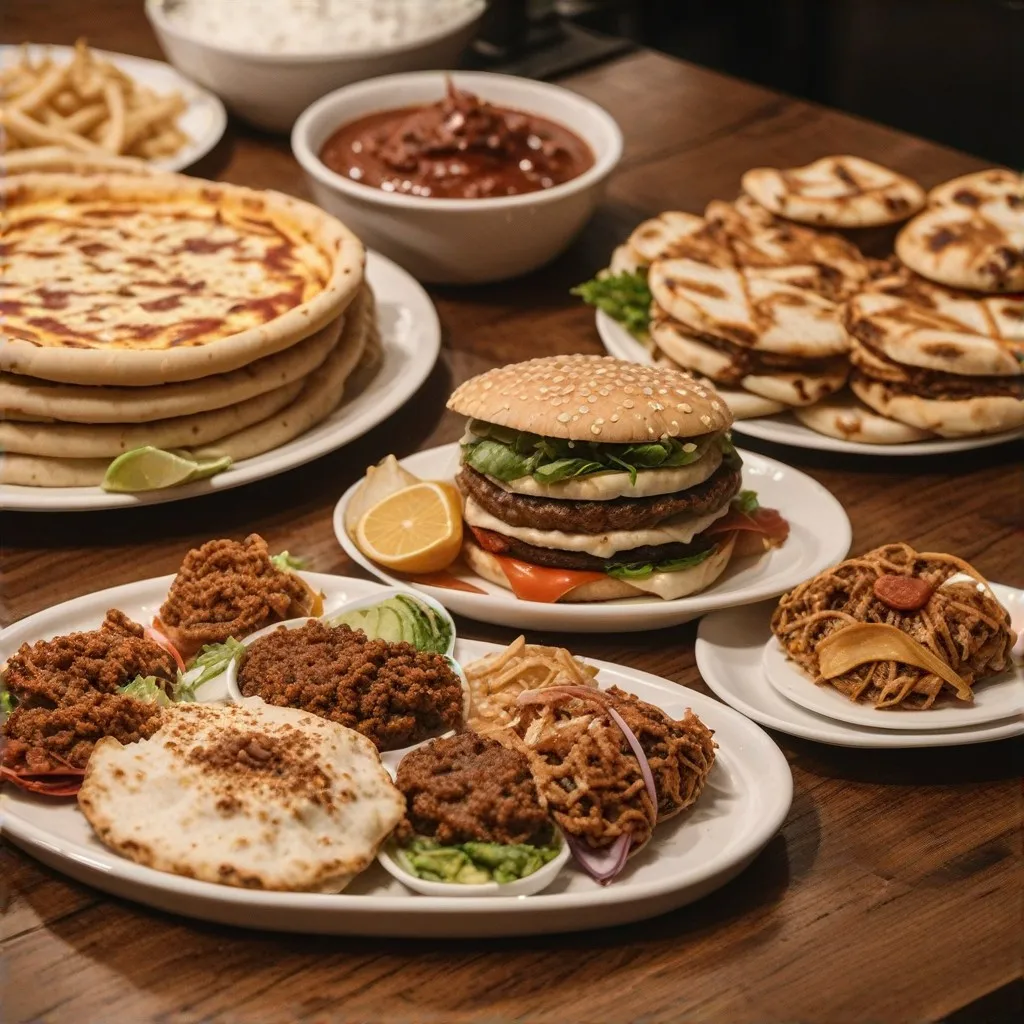 An inviting scene featuring a beautifully set table with a diverse spread of N's Cafe Fusion's signature fusion dishes. Include an artistic shot of a freshly baked pizza with varied toppings, sizzling burgers stacked perfectly, and a platter of shawarma accompanied by vibrant dips.