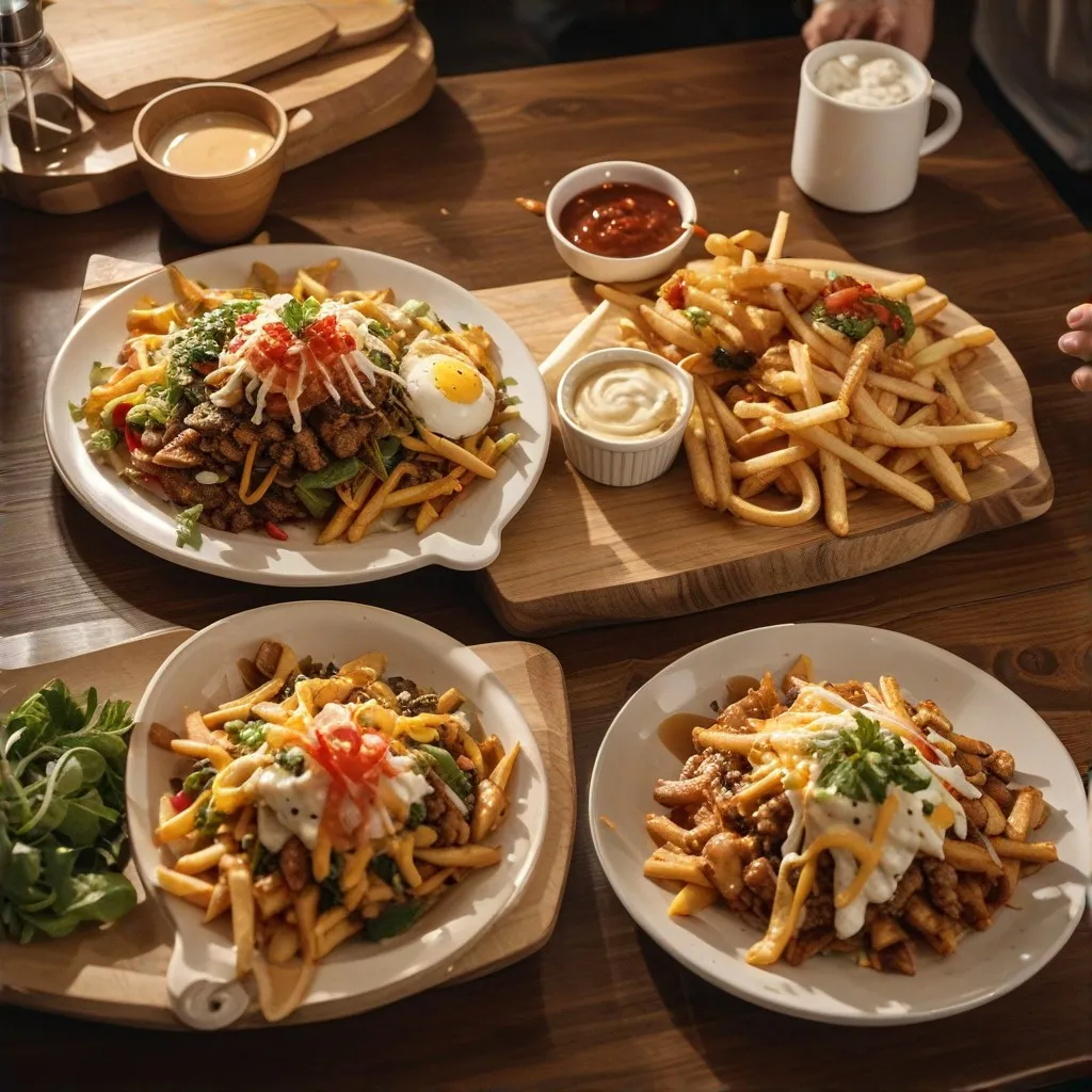 An enticing image of a plate of loaded fries drizzled with melted cheese and topped with colorful garnishes, representing the playful and innovative menu offerings at N's Cafe Fusion.