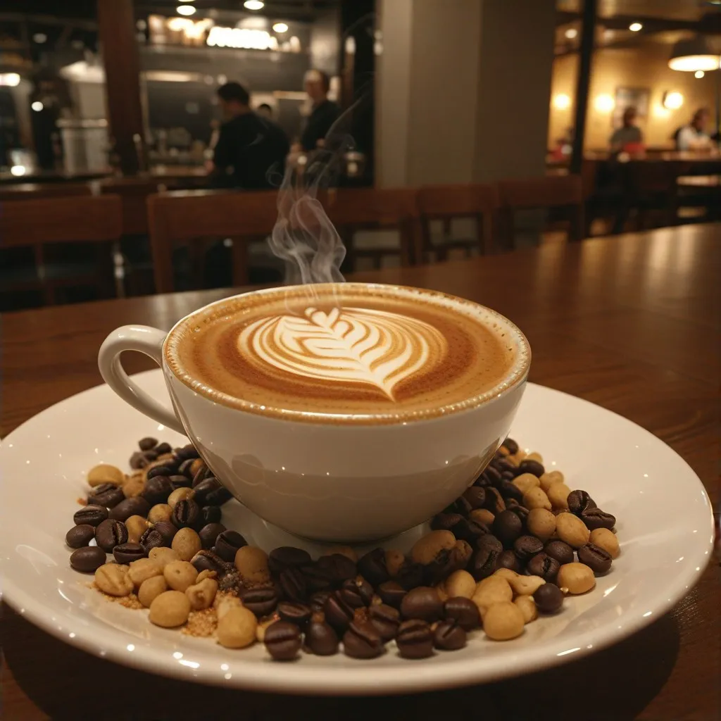 A close-up view of a steaming cup of aromatic coffee, surrounded by freshly roasted coffee beans, capturing the essence of N's Cafe Fusion's dedication to quality and flavor.