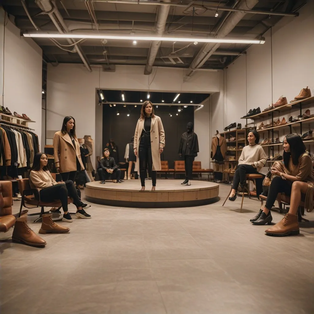 The image should illustrate the mission and core values of Epic Fits Shoes. It features a diverse group of people working collaboratively in a creative environment, symbolizing teamwork and innovation. The scene captures individuals engaging in activities that reflect the company's commitment to quality and style. Key elements include a variety of footwear designs in the background and team members discussing ideas, highlighting the brand's dedication to fashion and community. The image should evoke a sense of inspiration and unity, aligning with the values that drive the company's success.