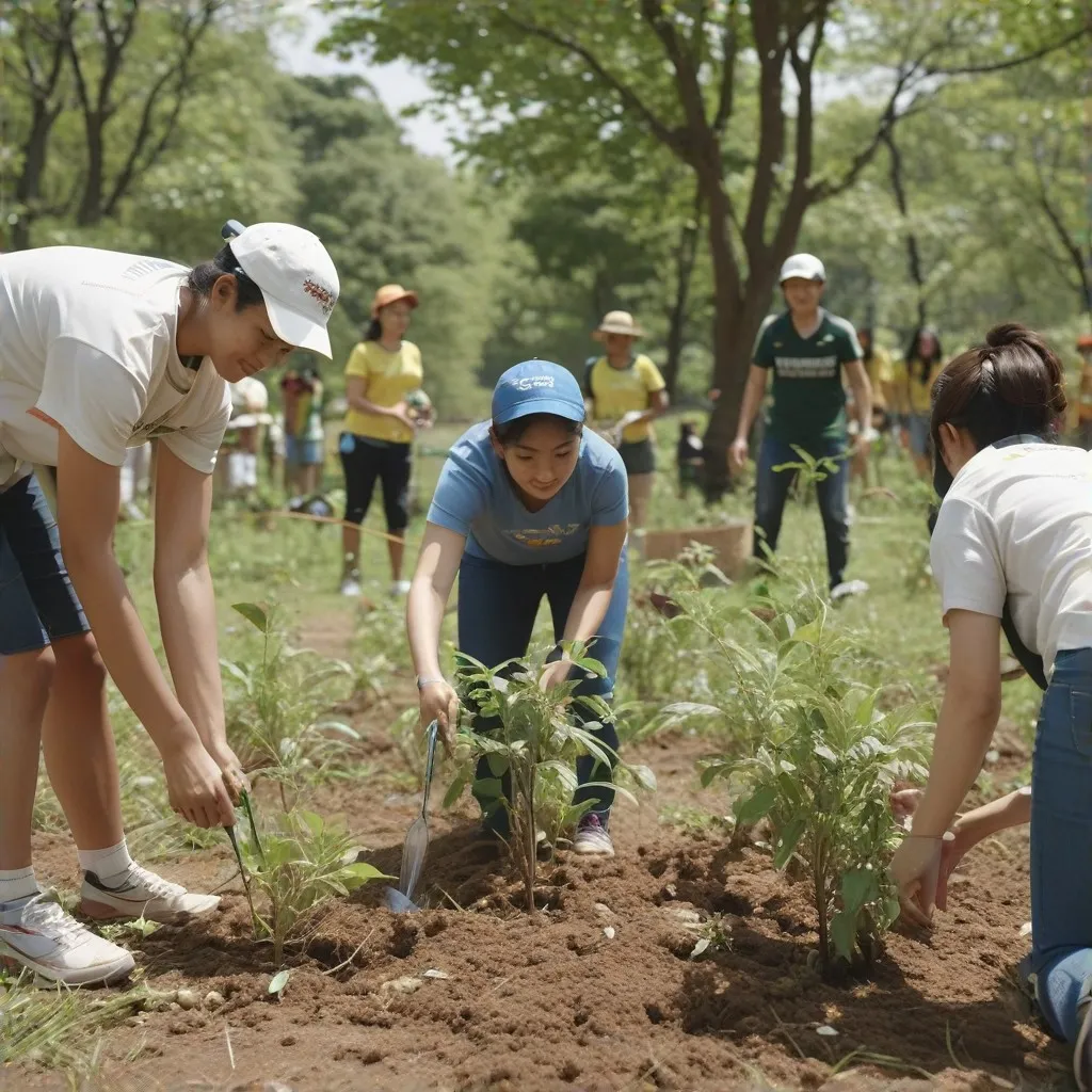 An image showing volunteers actively participating in a community event, like distributing food or planting trees. Highlight the spirit of volunteerism and community service, with a focus on teamwork and mutual support among participants.