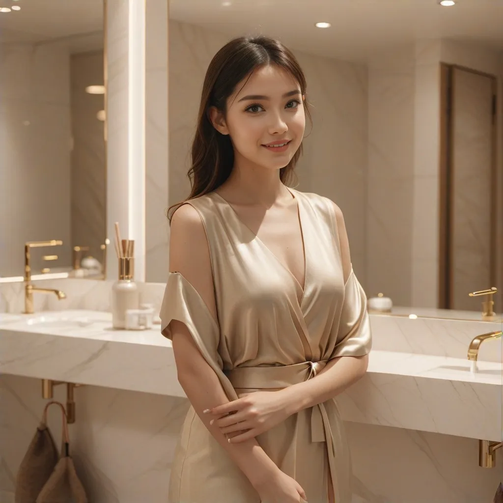 smiling customer holding skincare product, in a modern bathroom setting, natural lighting, focus on product and customer satisfaction, luxury ambiance, [distracting background elements:-1.5]