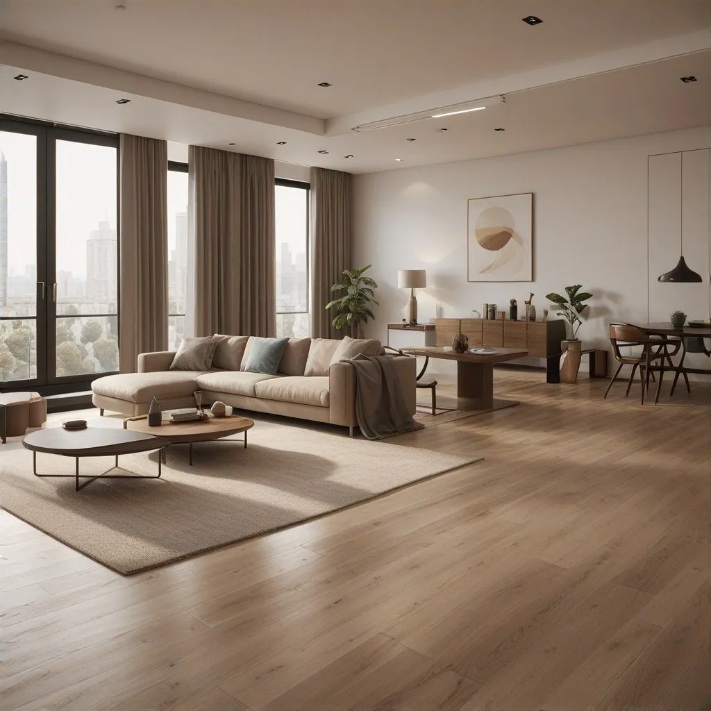 A serene and spotless living room with large windows letting in natural light, symbolizing the cleanliness and tranquility provided by ECOSHINE PRO's services