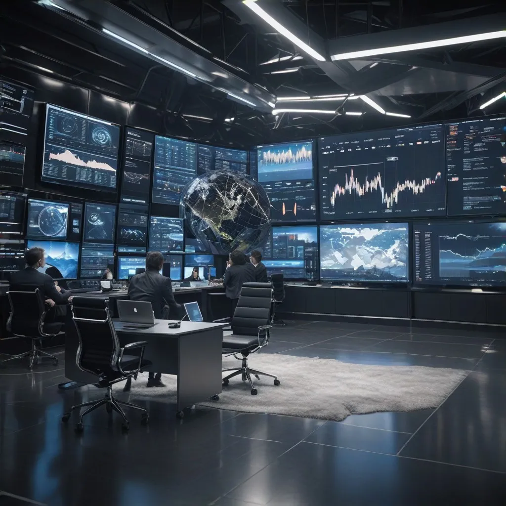 The second image should illustrate a global perspective on market news, featuring a world map with key financial centers highlighted. Include elements such as digital graphs and charts overlaid on the map to symbolize interconnected financial data. The scene should emphasize the global reach and real-time updates provided by the website.