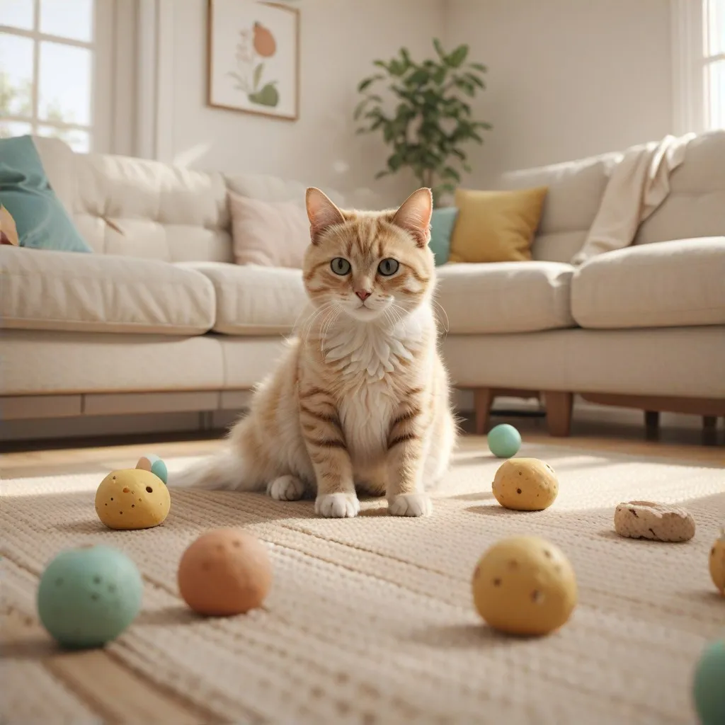 Un gato persiguiendo juguetonamente un juguete en una sala de estar acogedora, simbolizando el bienestar y la diversión que los productos de Petmate ofrecen.