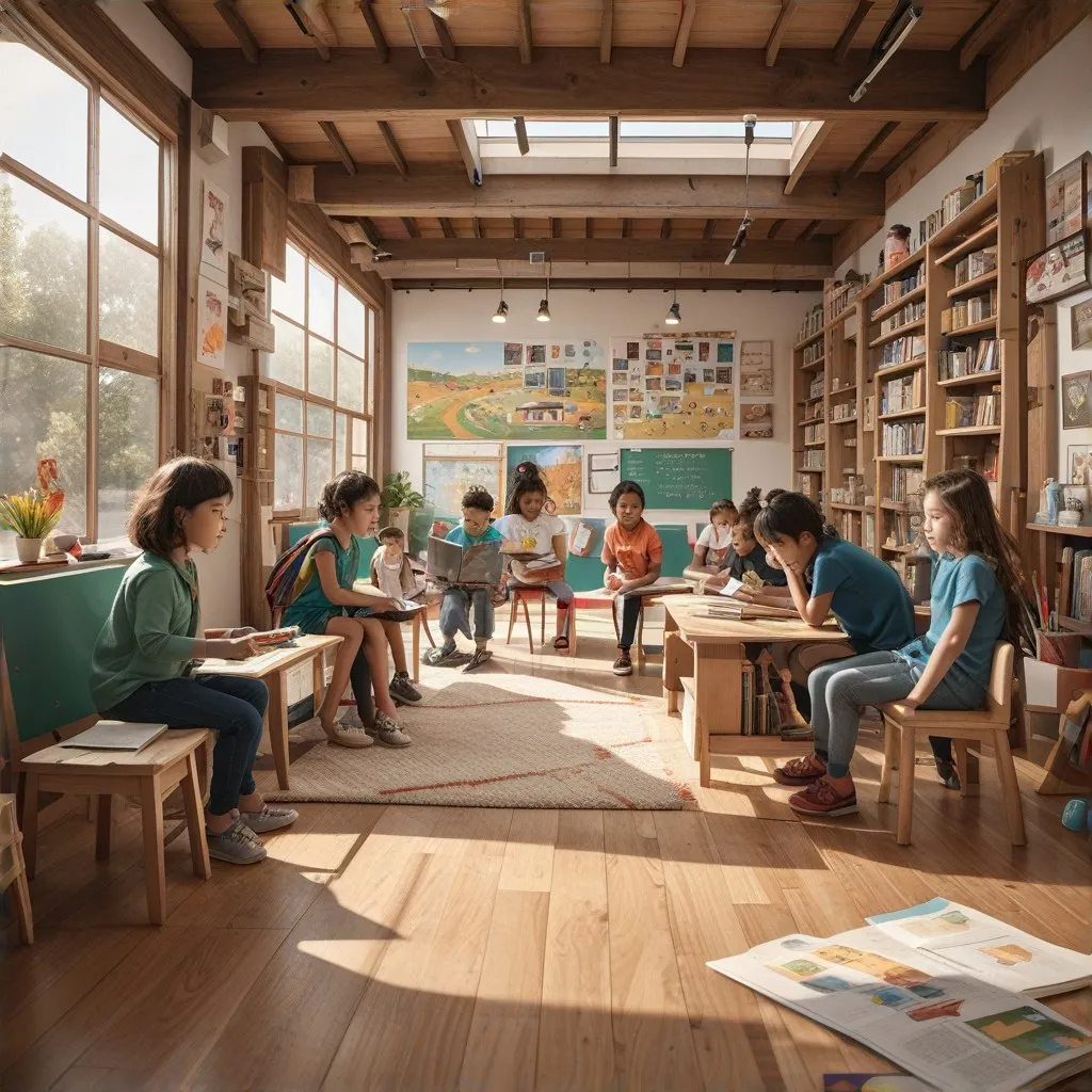 The image should depict a vibrant and dynamic scene that embodies creativity and education, serving as an engaging introduction to the Imagination Station website. The scene should feature a lively educational environment with elements such as books, art supplies, and technology to represent a hub of learning and creativity. There should also be a sense of community and collaboration, with diverse individuals engaging in various educational activities, reflecting the inclusive and enriching atmosphere of Imagination Station. The image should convey a welcoming and inspiring message to draw visitors in, aligning with the website's goal of being a creative hub for educational and training programs.