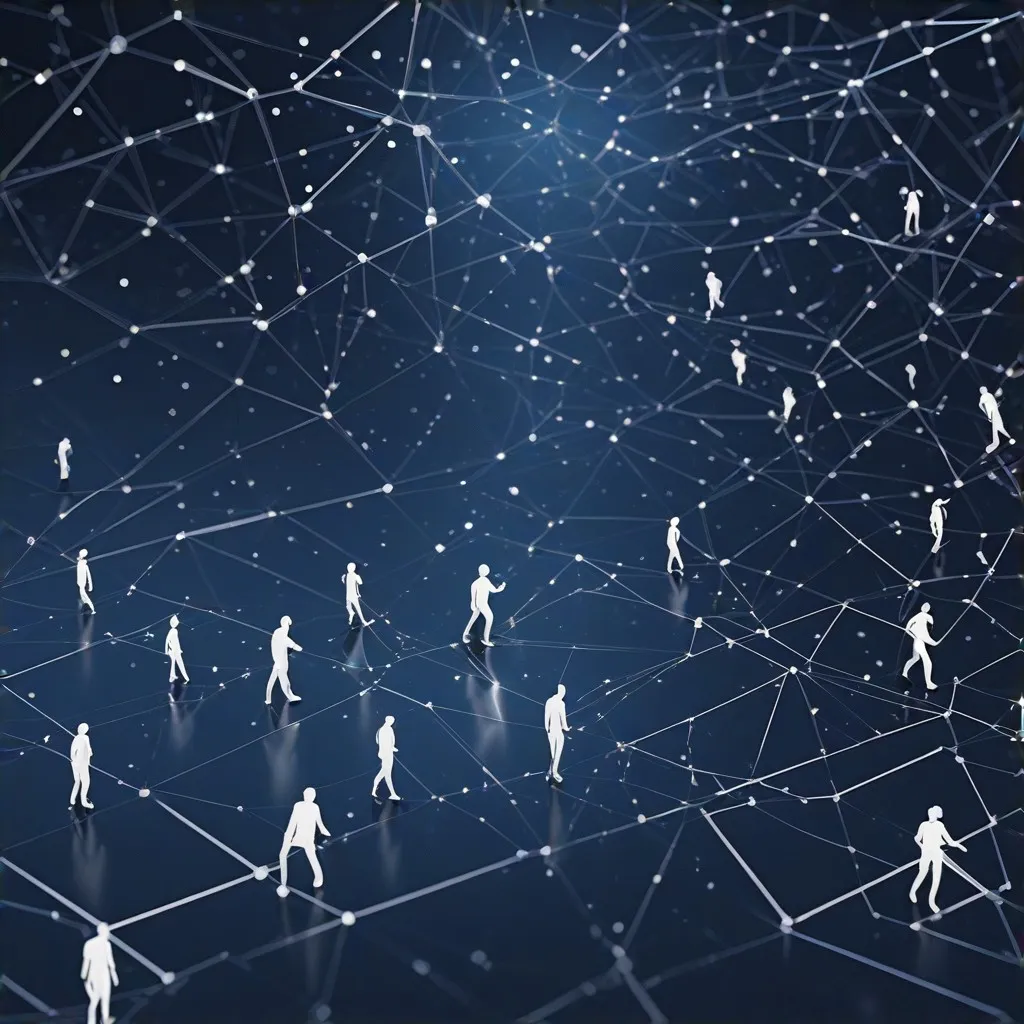 Illustrate the journey of Alii by depicting a timeline or storyboard that highlights key milestones in the development of their AI image generation technology. The image should convey a sense of innovation and progress, with elements such as abstract representations of AI algorithms, visual nodes connected by lines to symbolize connections and growth, and perhaps symbolic imagery reflecting technological evolution. Include abstract human figures or silhouettes to represent the people behind these advancements, emphasizing collaboration and ingenuity in shaping Alii's story.