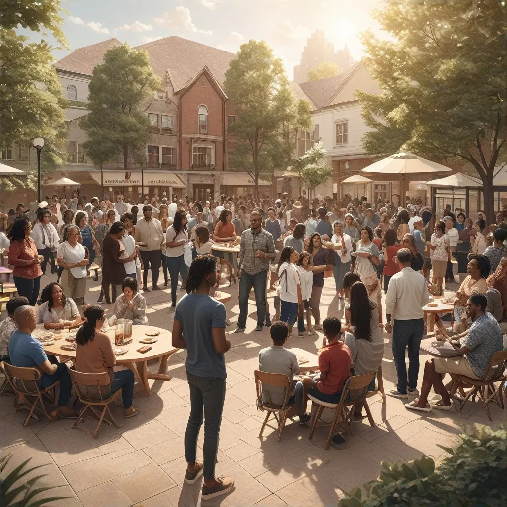 An inspiring image depicting a diverse group of people gathered together in a community setting, symbolizing unity and collaboration. The scene should convey a sense of warmth and inclusivity, reflecting the core values and leadership of Fyle Parent Group. The setting might include elements like people engaged in discussion, sharing ideas, or involved in a group activity that showcases partnership and community impact. The background could feature a community center or a park, emphasizing an open and friendly atmosphere that aligns with the website's focus on engagement and support.