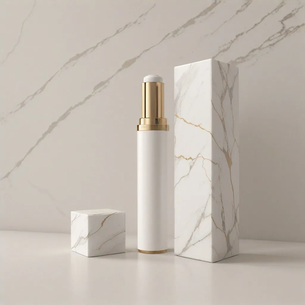 premium skincare products arranged elegantly on a marble surface, showcasing their luxurious packaging, soft lighting, minimalist background, high-quality texture, professional product display