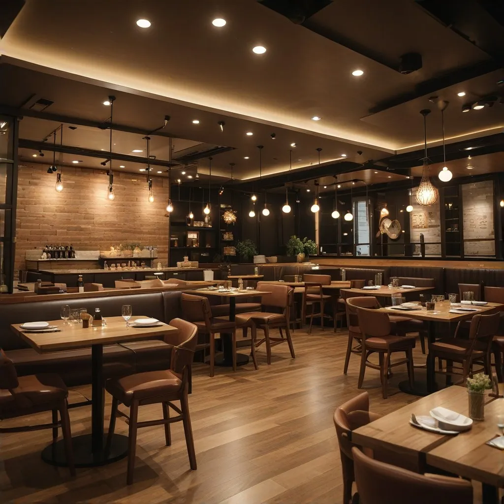An ambient interior shot of the cafe, showcasing the cozy and modern atmosphere where visitors can enjoy their meals, complete with elegant table settings and soft lighting.