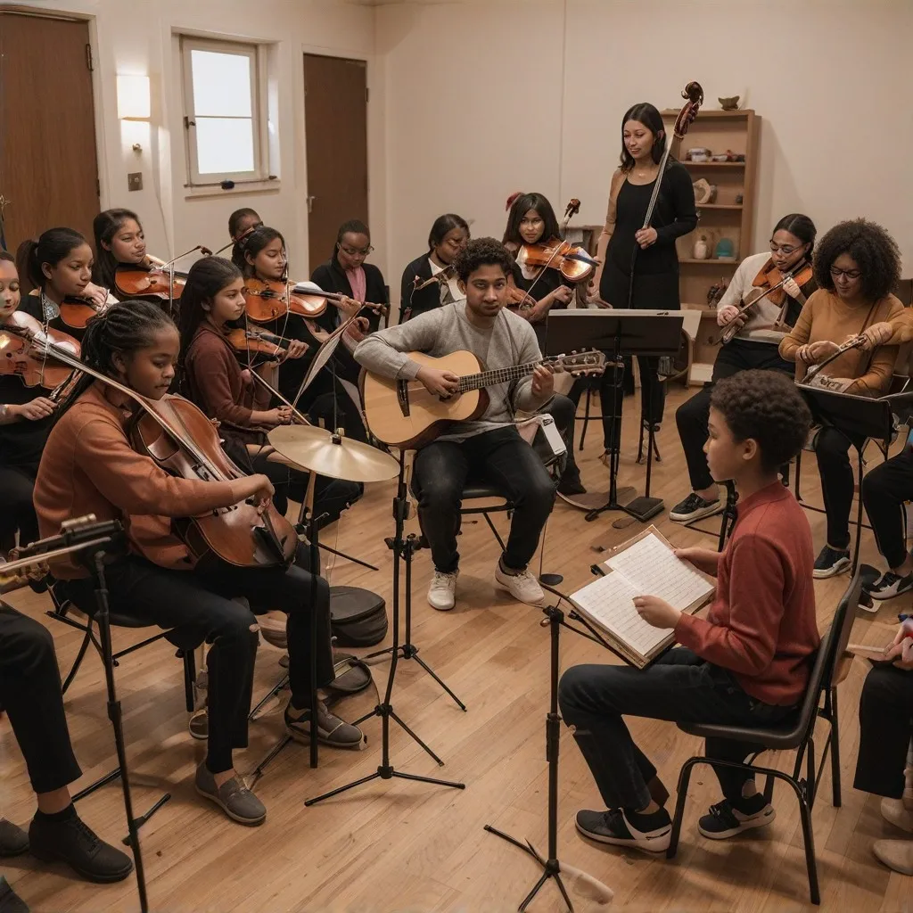 A vibrant and inspiring image depicting a diverse group of children and adults engaged in a music education session. The scene captures the essence of community and empowerment, with participants actively playing various musical instruments such as guitars, violins, and drums. The backdrop should suggest a welcoming and educational environment, perhaps a classroom or community center, emphasizing inclusivity and learning. This image conveys the core mission of Allies In Music Education Inc, highlighting the transformative power of music education in uniting and uplifting communities.