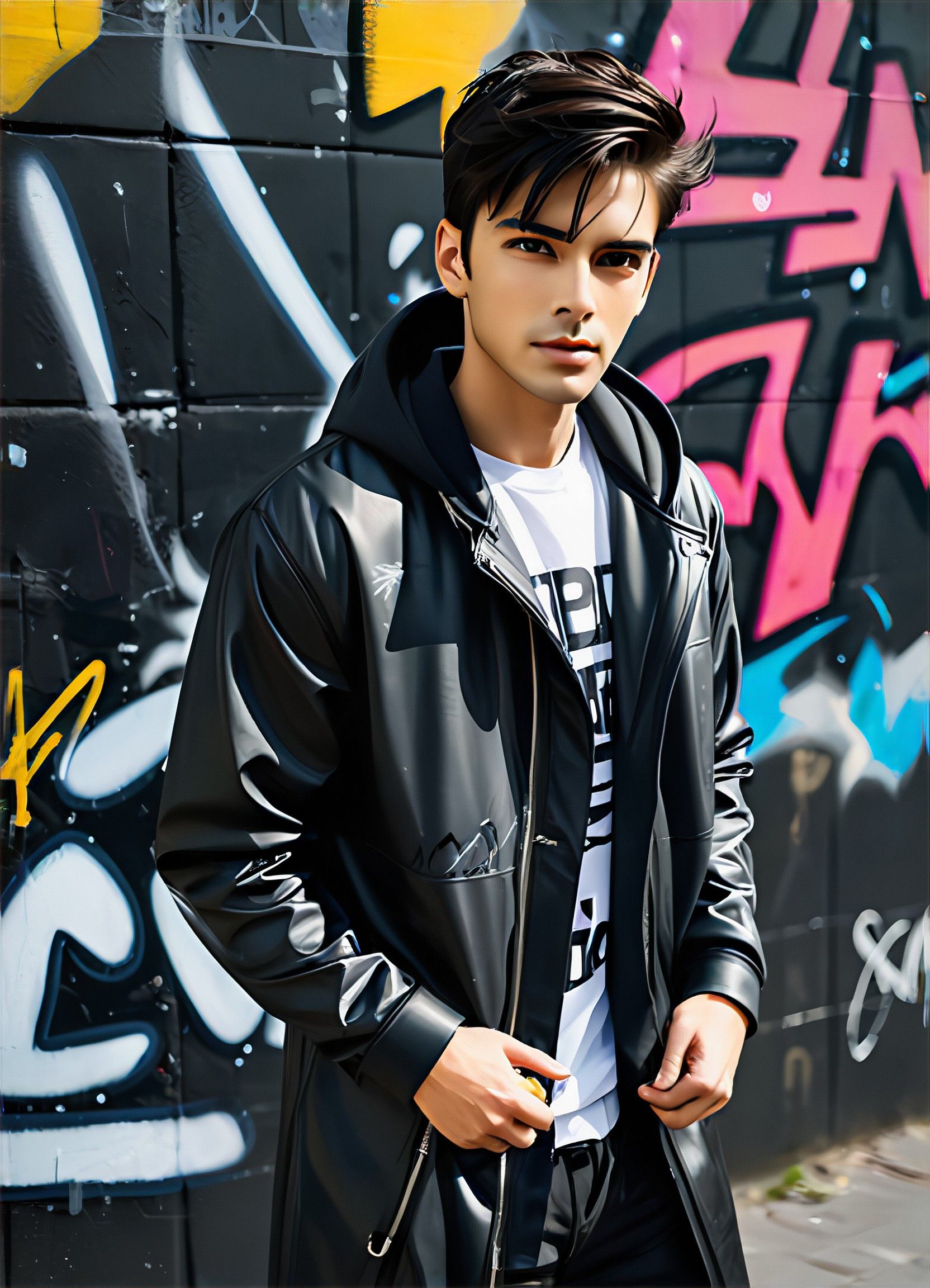 街头风潮：黑色皮衣与涂鸦墙的艺术碰撞