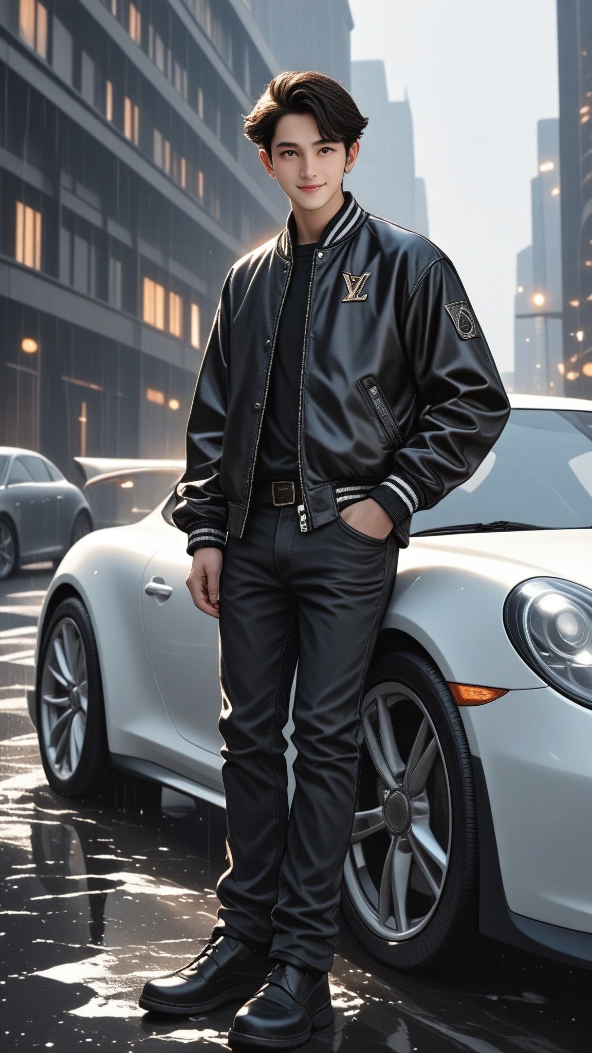 都市时尚：黑色皮衣与跑车，展现现代潮流生活