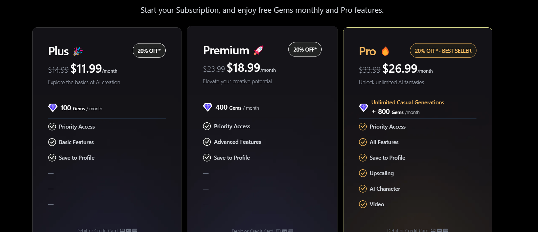 The pricing plan of Promptchan.ai, ranging form $11.99 to $26.99 per month