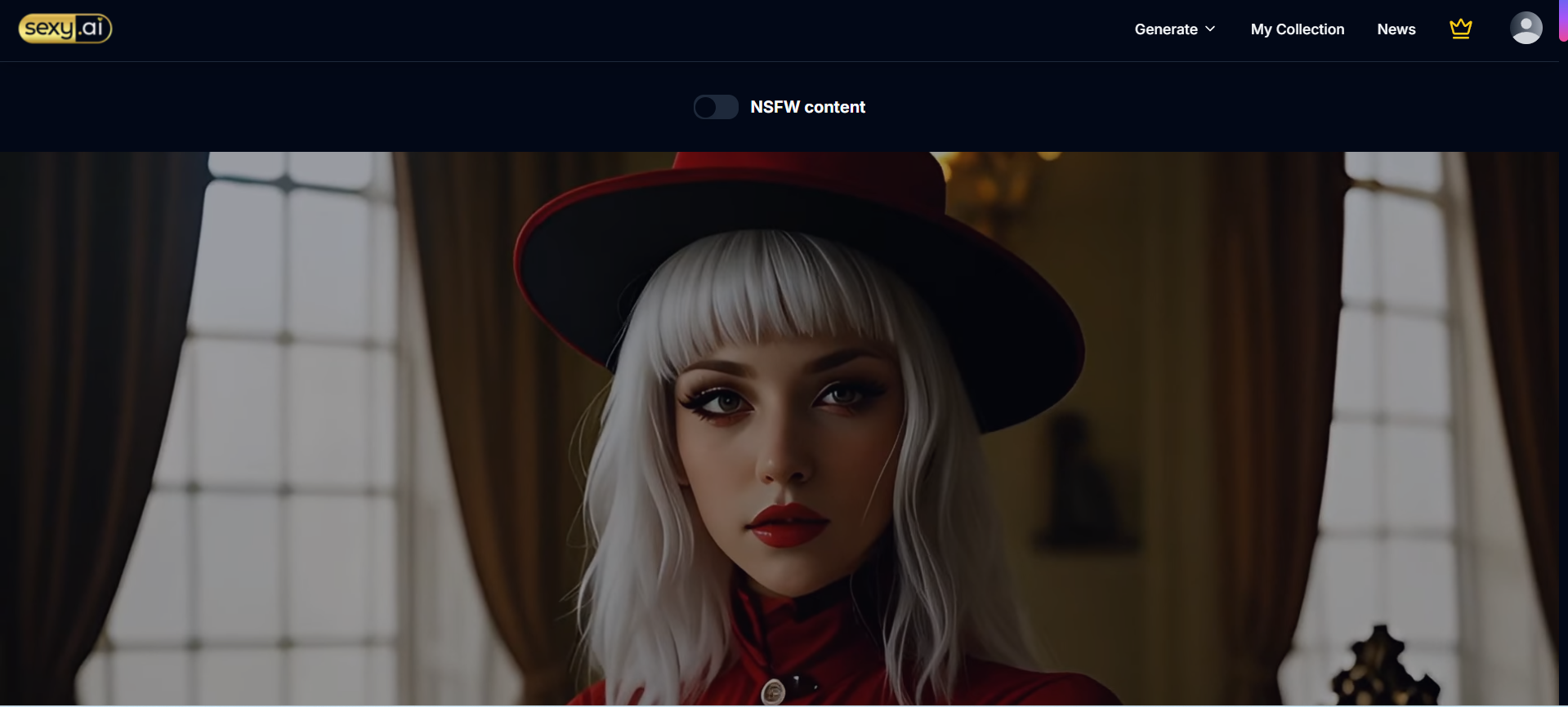 the official website of Sexy AI with a woman with white hair and brown eyes, wearing a red hat