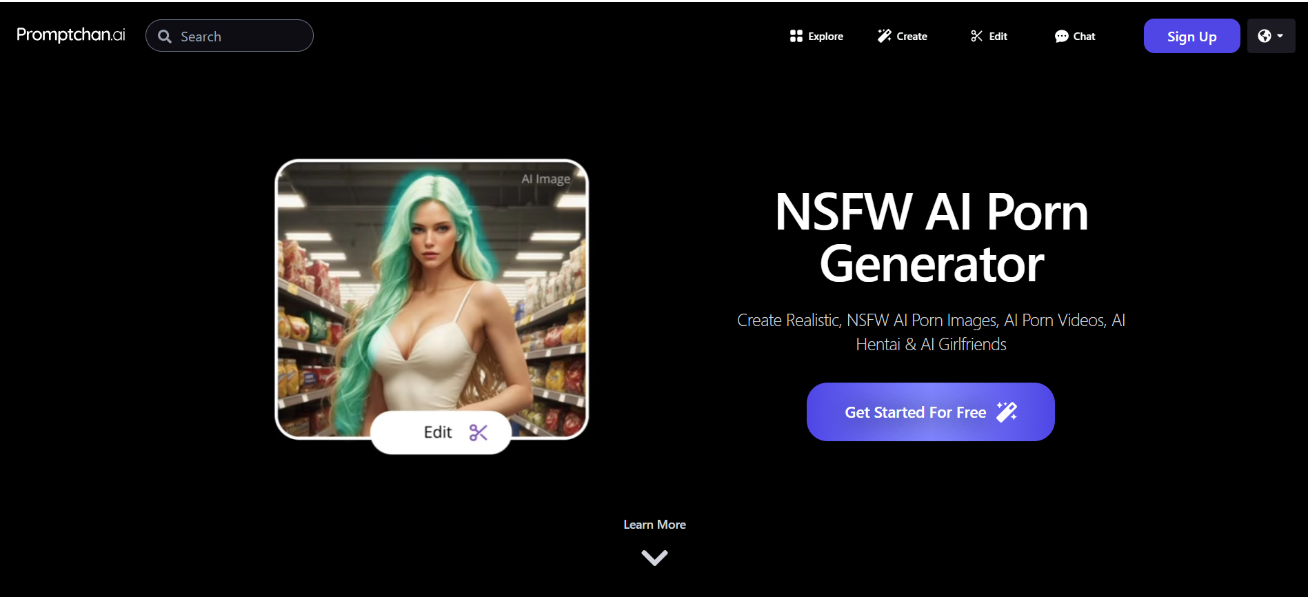 The official website of Promptchan.ai, a NSFW AI porn generator with an attractive green haired woman in white pencil dress