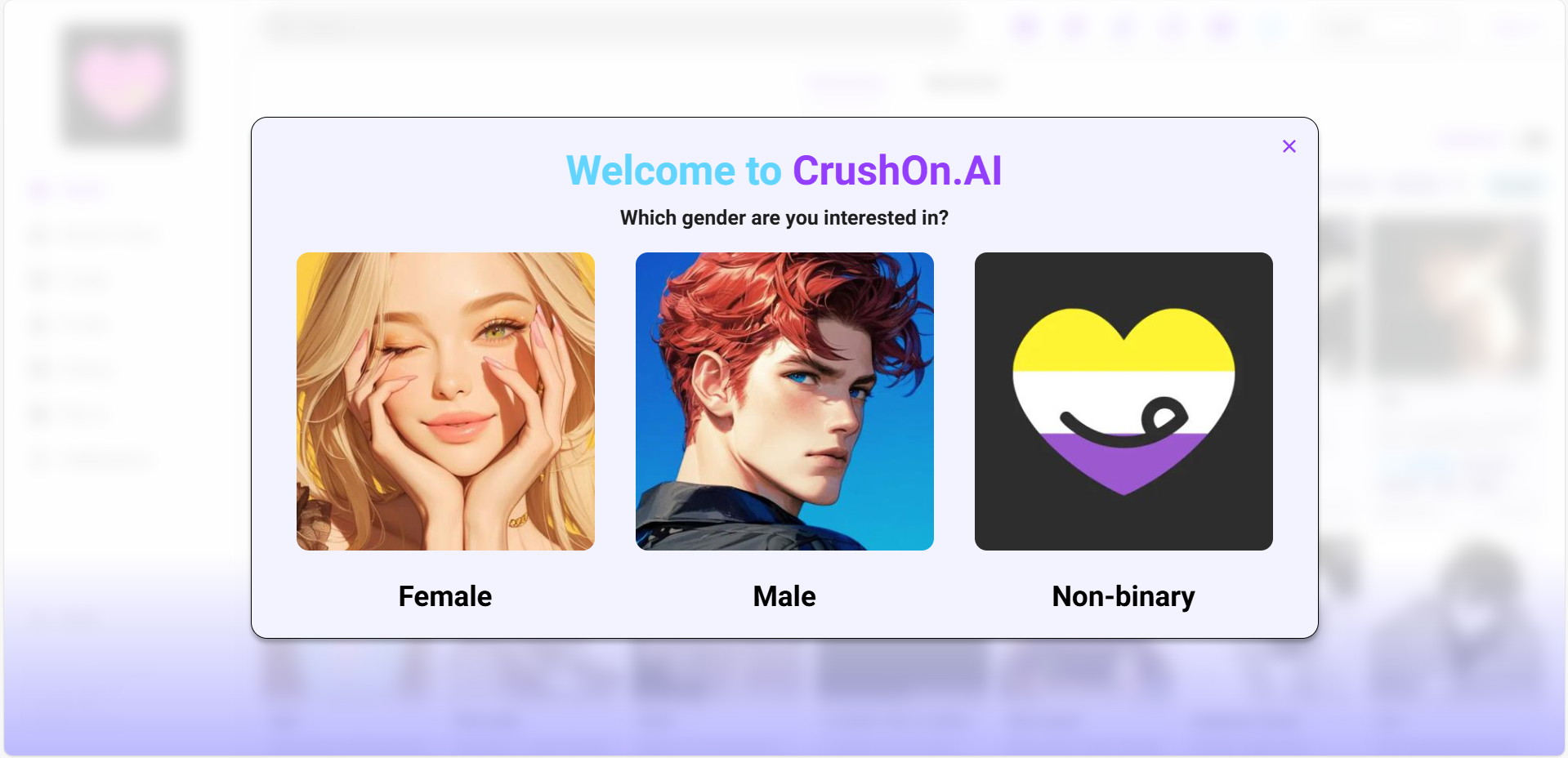 The official website of CrushOn.AI with a blonde girl, a red haired boy and a heart symbol