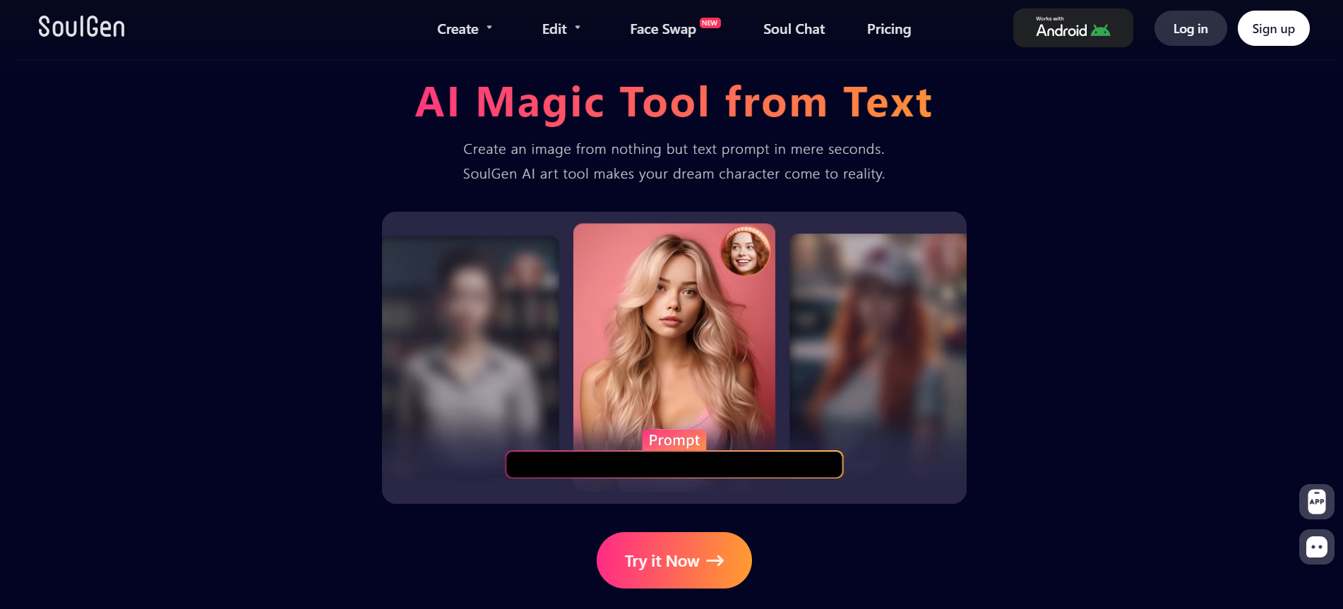 The official website of SoulGen, an AI magic tool from text with a blonde girl