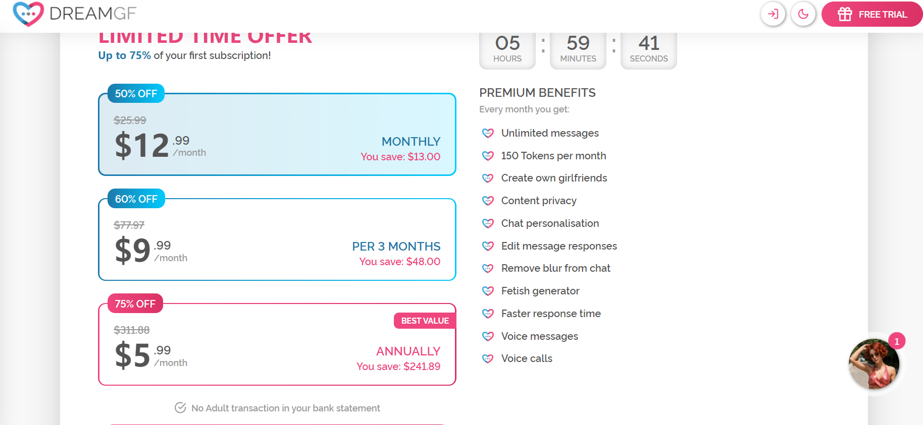 The first subscription plan of Drean GF, starting at $ 5.99 per month