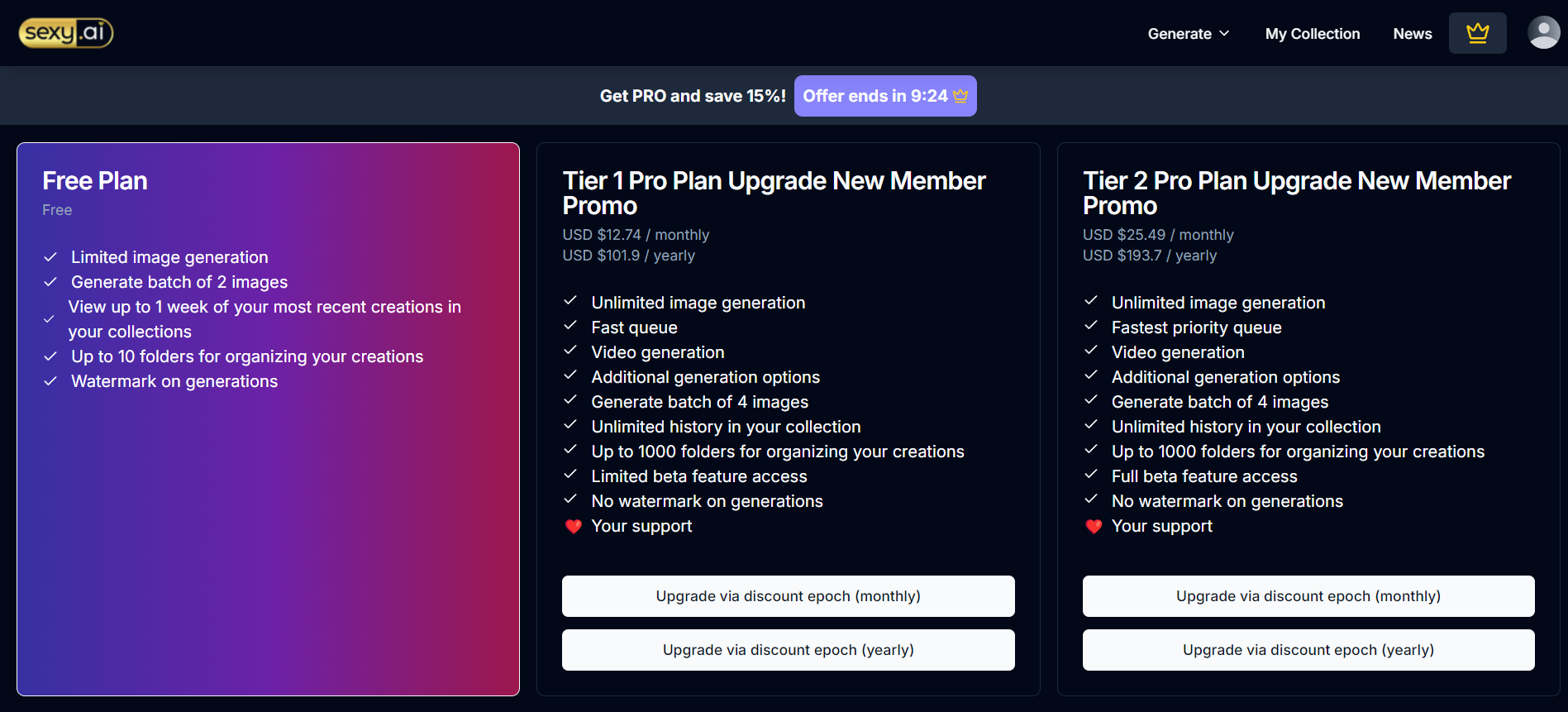 The pricing plan of Sexy AI