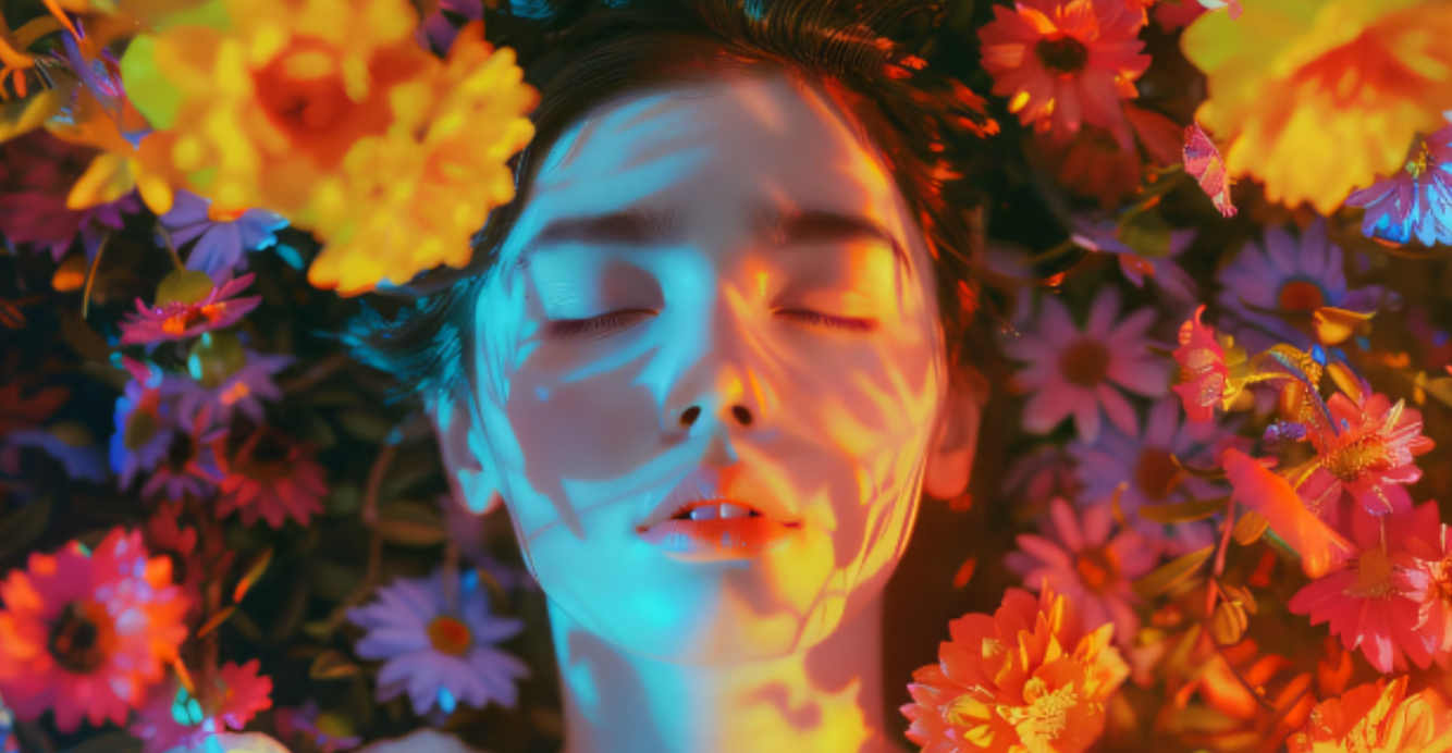 a girl lying on the flowers