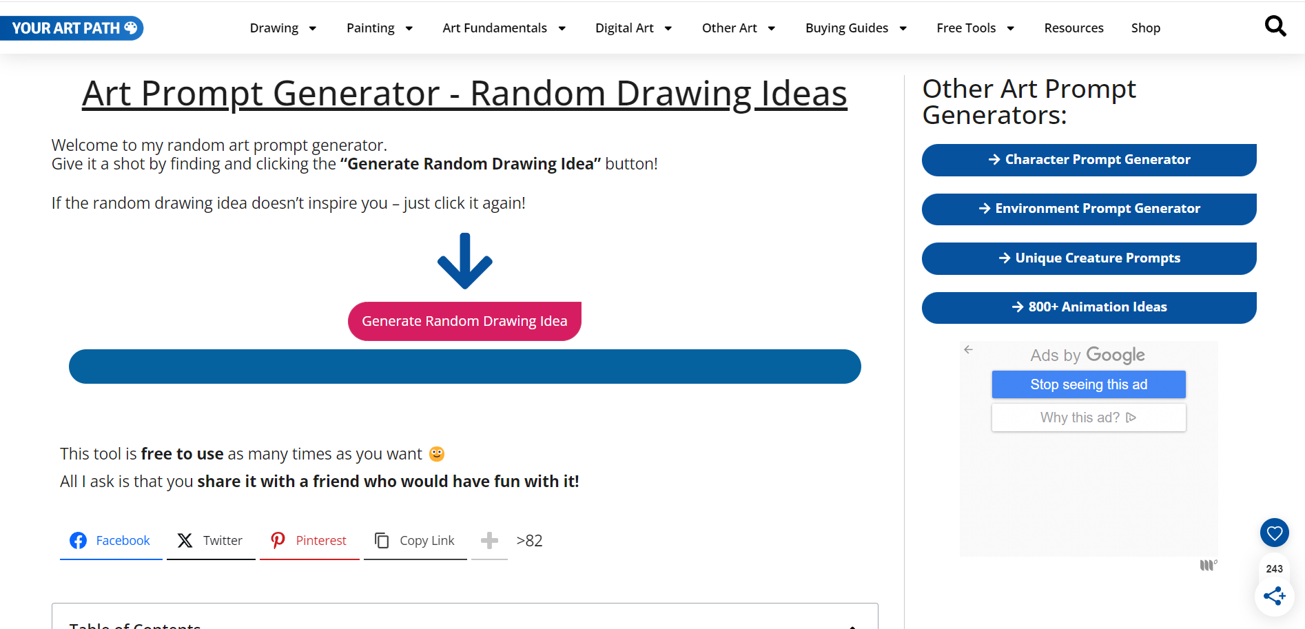 YourArtPath's homepage displaying the procedure of  generated random drawing idea