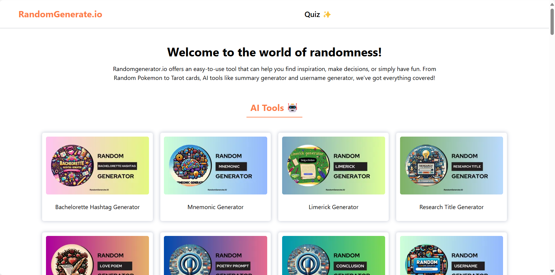 RandomGenerate.io homepage lists various tools for random generation