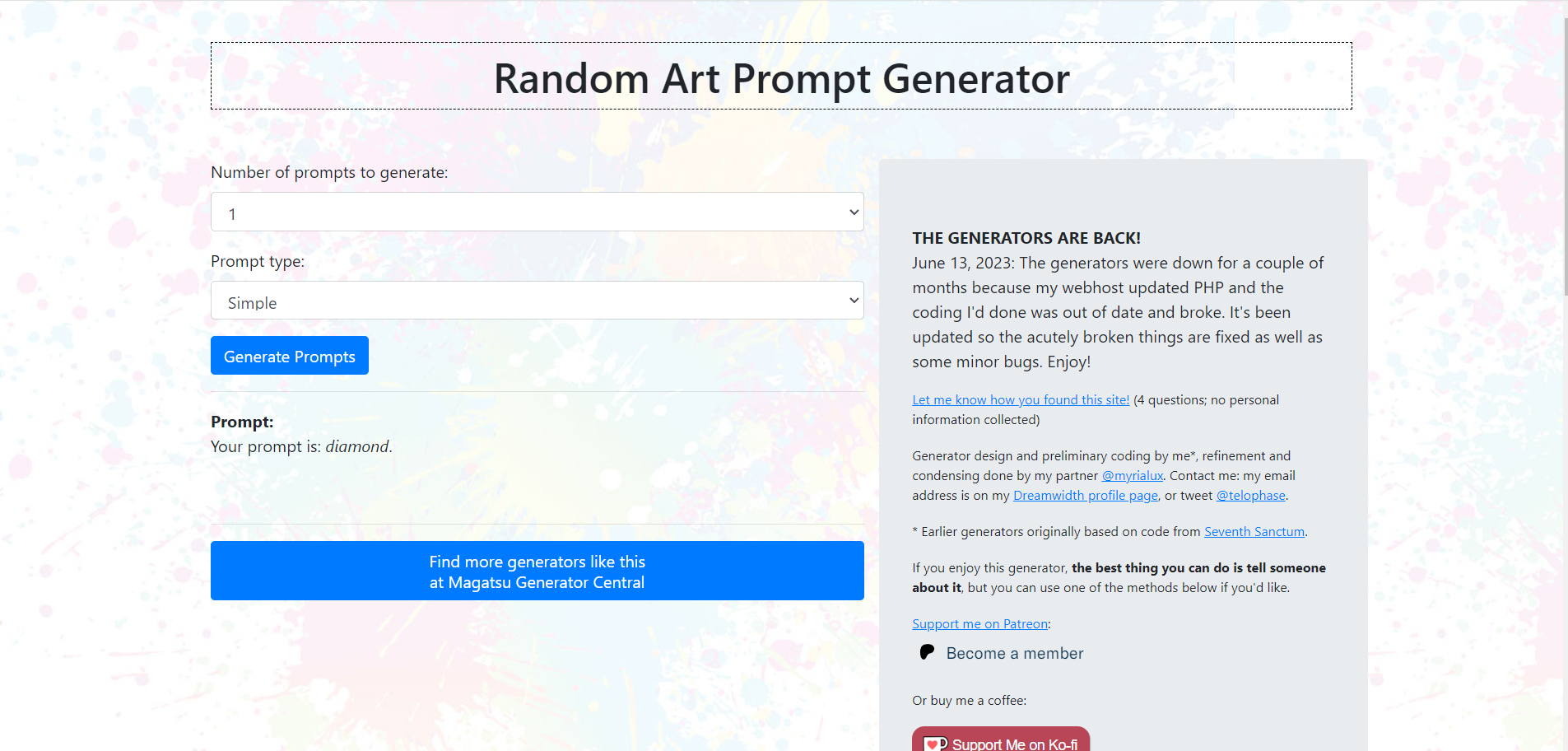 Random Art Prompt Generator interface with generated button