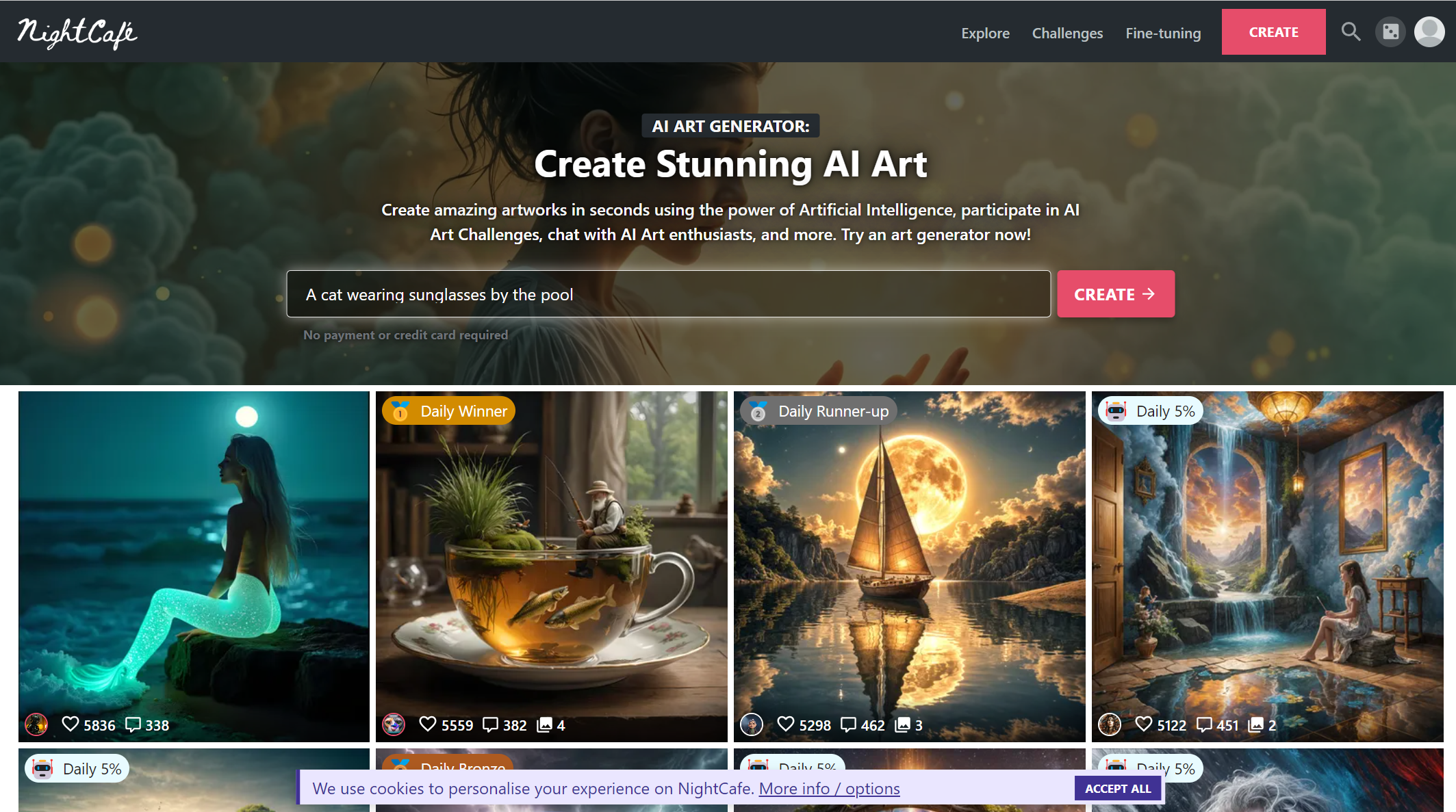 nightcafe ai art generator interface with images and navigation