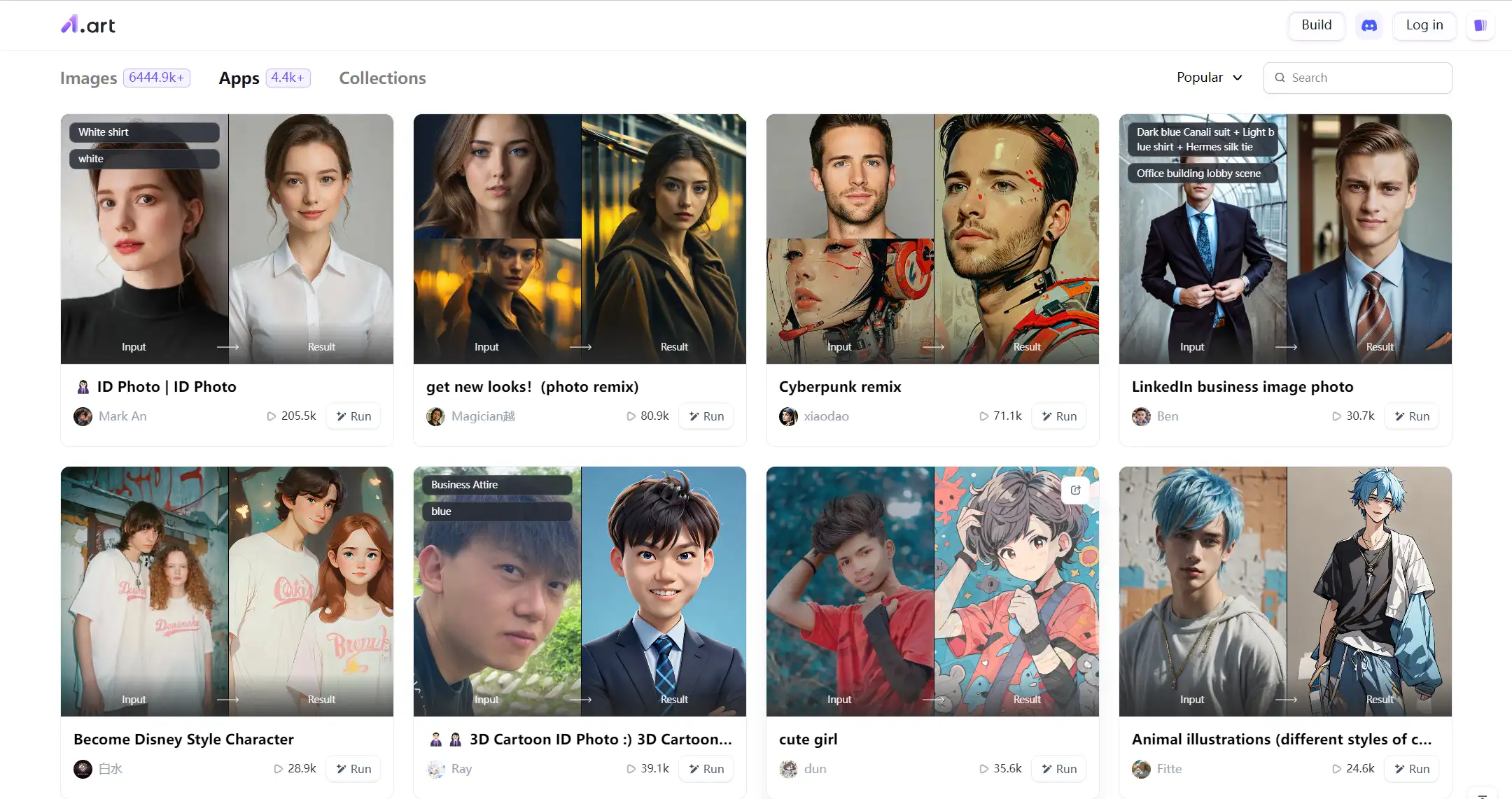 a1.art webpage showing photo editing examples: business attire, cyberpunk, cartoon generador de arte ai online