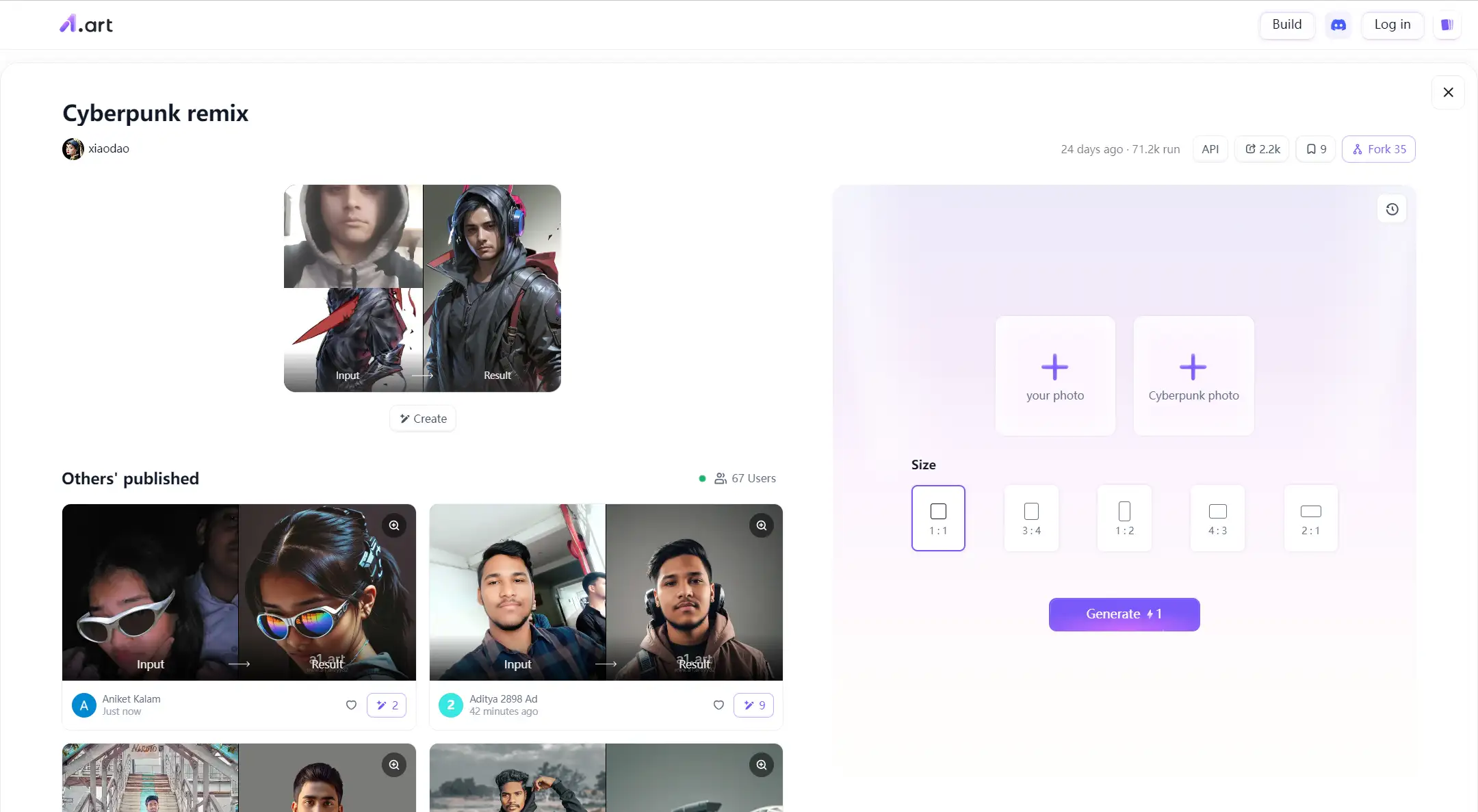 a1.art photo editing interface with cyberpunk style transformation options ai art generator anime