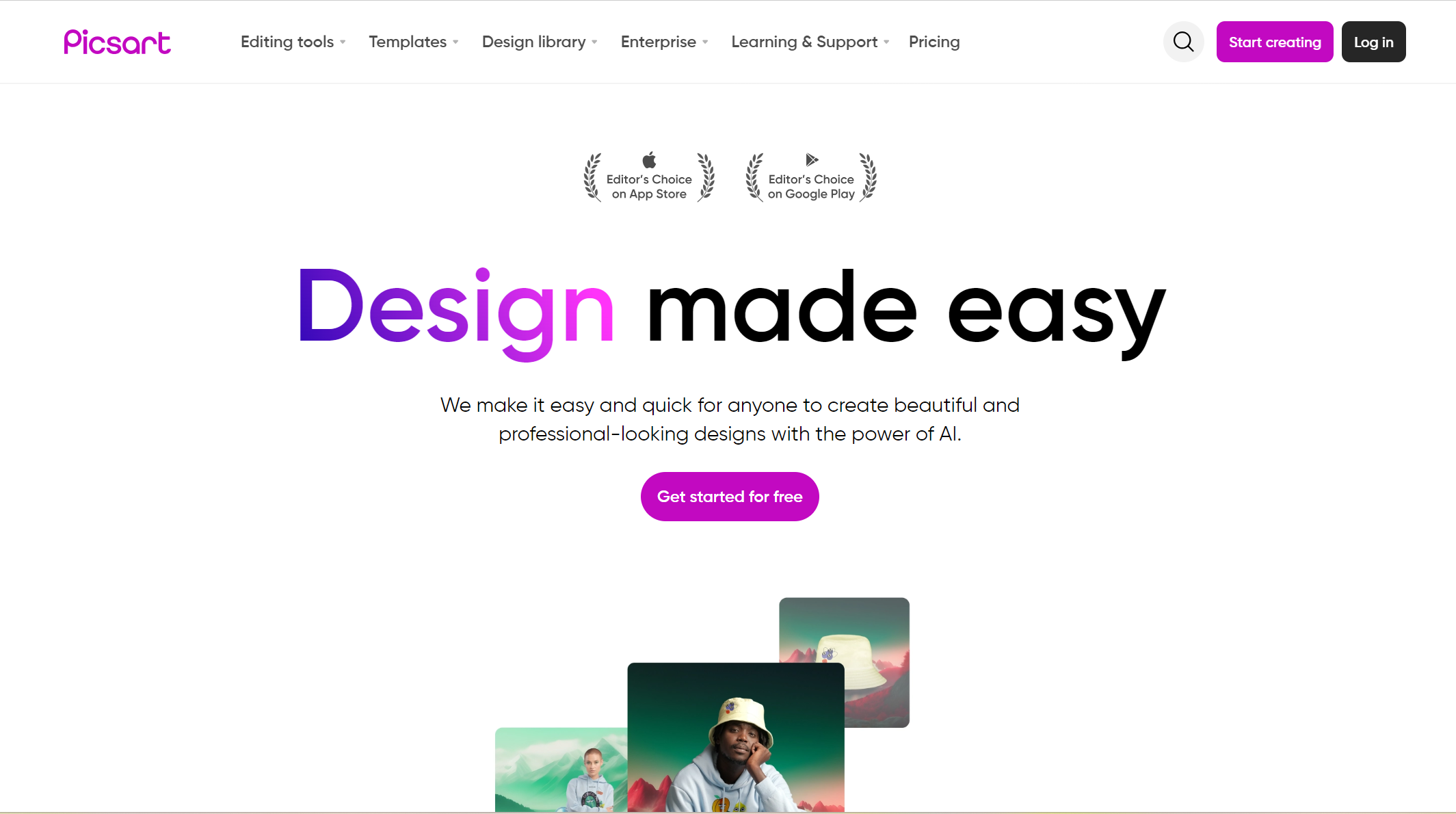 picsart homepage highlighting design features with button