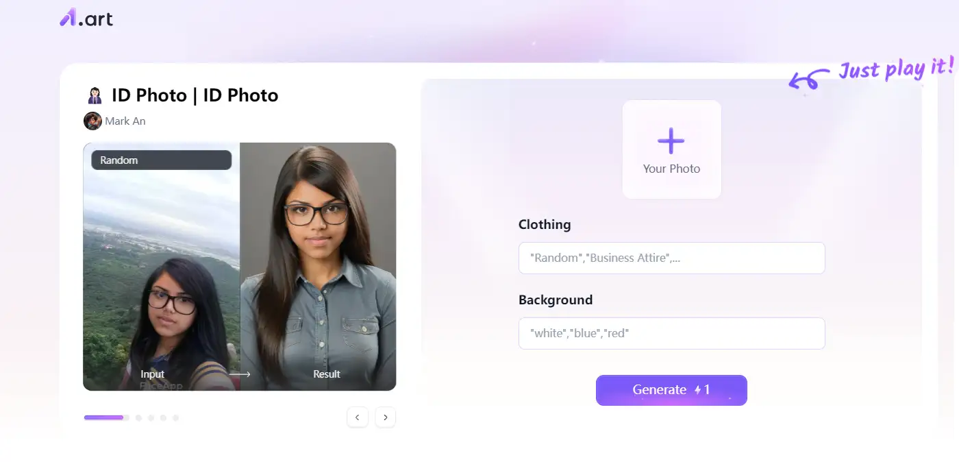 a1.art homepage with clothing and background options generador de arte ai