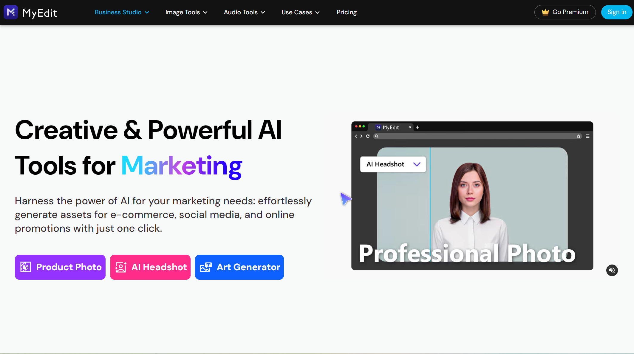 website promoting ai marketing tools with photo editing application