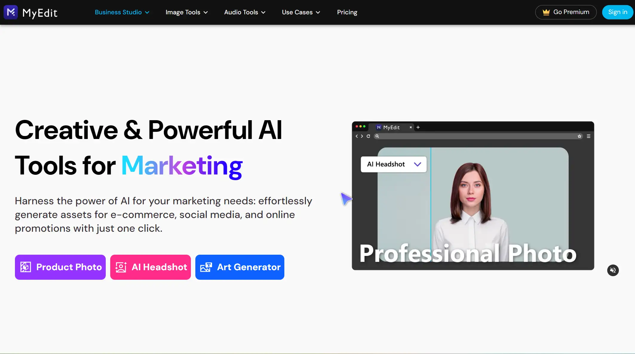 website promoting ai marketing tools with photo editing application website promoting ai marketing tools with photo editing application