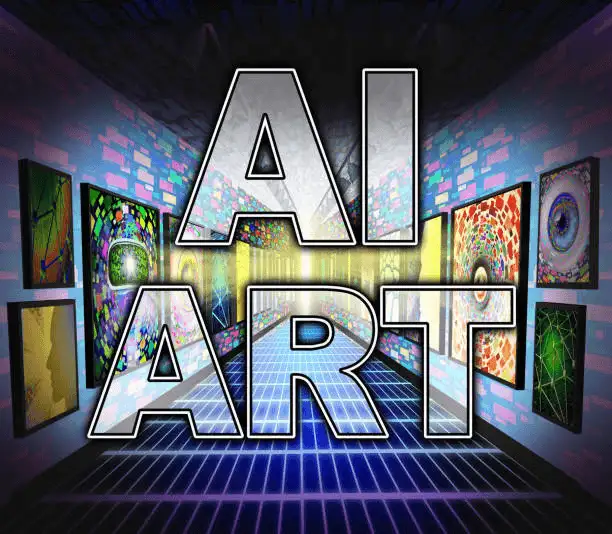 3d ai art text with abstract images on glowing grid gerador de arte ai