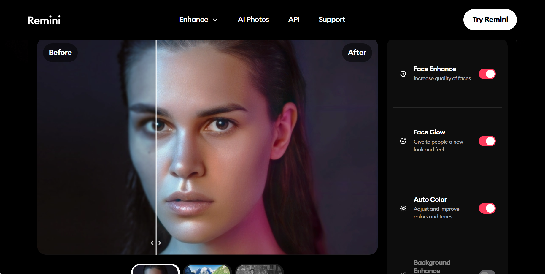 Remini homepage displaying the effect of face enhance