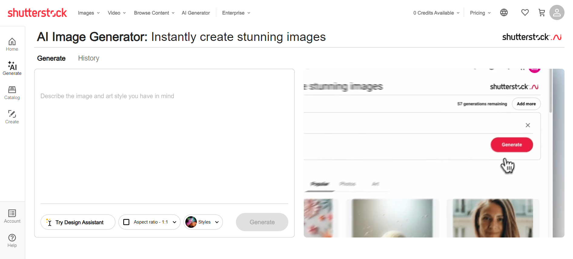 Official website of AI image generator, Shutterstock