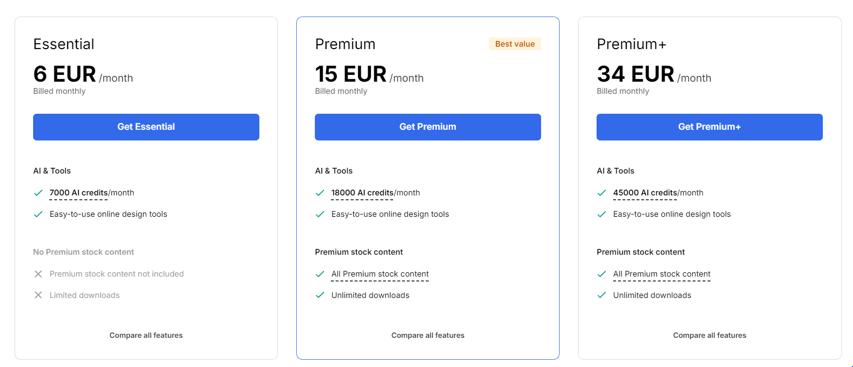 Pricing plan of Freepik