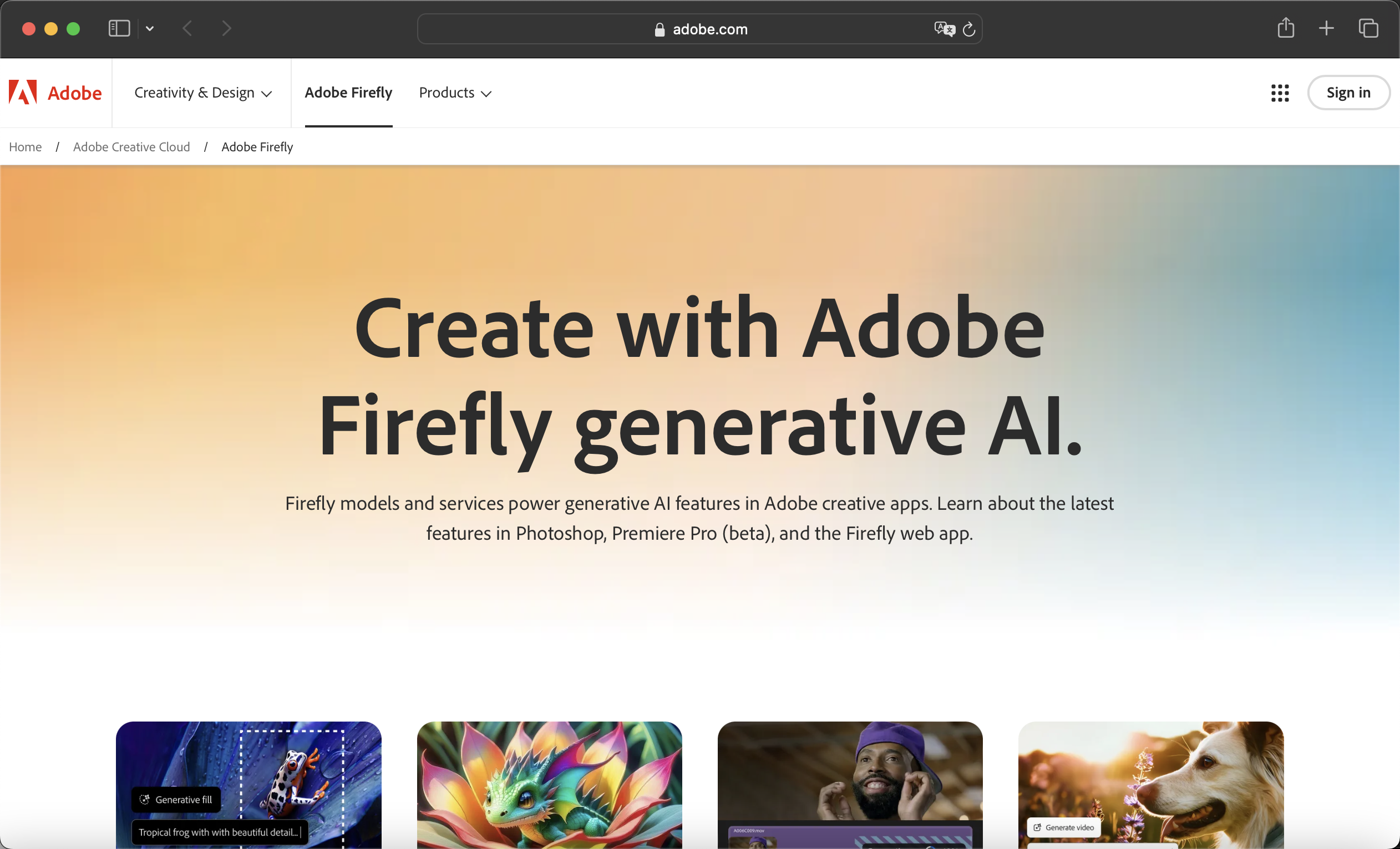 Adobe Firefly's click-through page