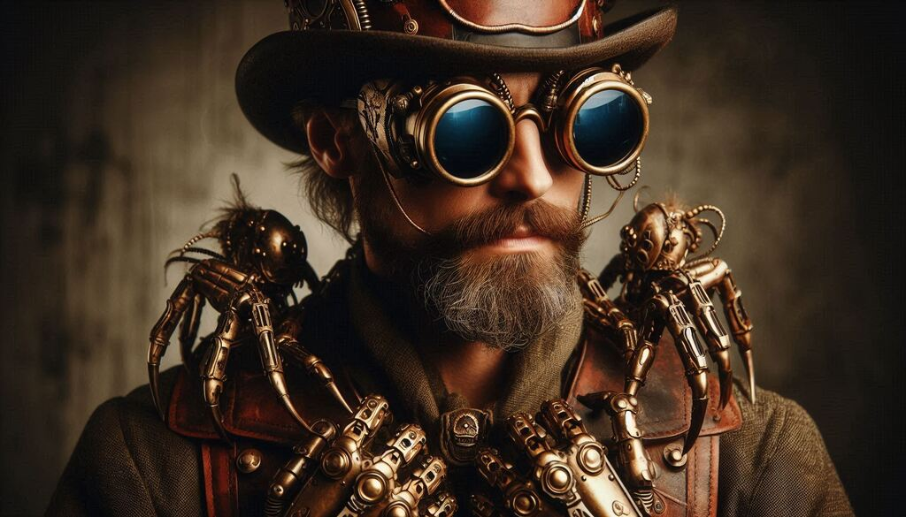 steampunk engineer with brass goggles and mechanical exoskeleton