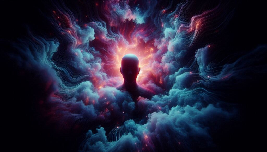 faceless figure surrounded by swirling neon light clouds