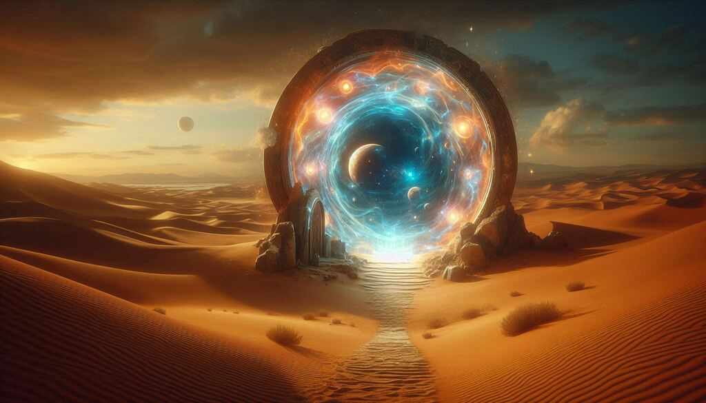 magical portal opening in desert revealing hidden realm