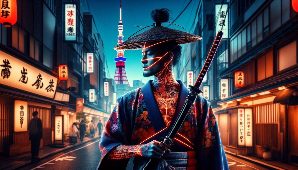 japanese samurai with neon tattoos, standing in cyberpunk street